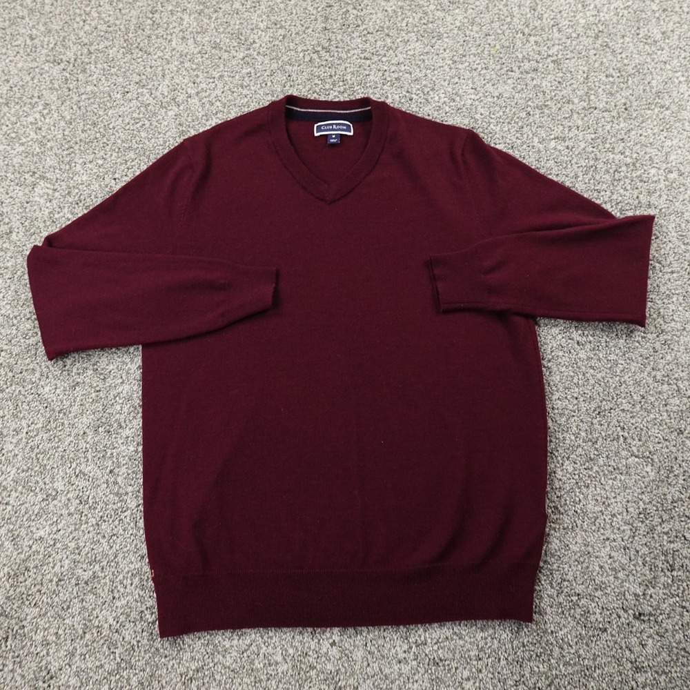 Club Room Sweater Mens M Red Purple Merino Wool Pullover Knit V Neck Cozy Soft